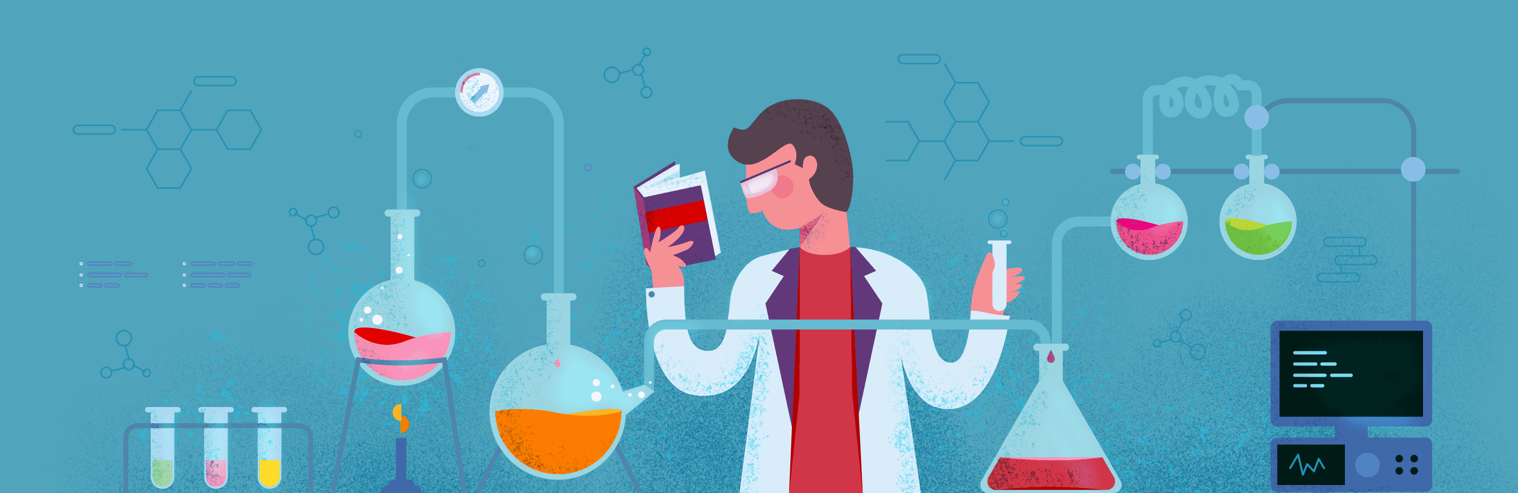 A man in a chemistry lab performing experiments and recording results